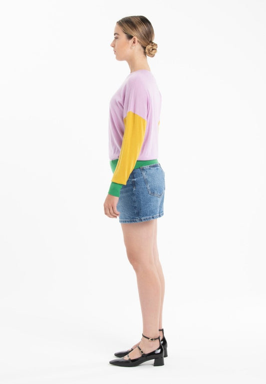 Pull col rond oversize tricolore ultrafin cachemire et laine lavande/jaune/vert femme - KELLY 9-1