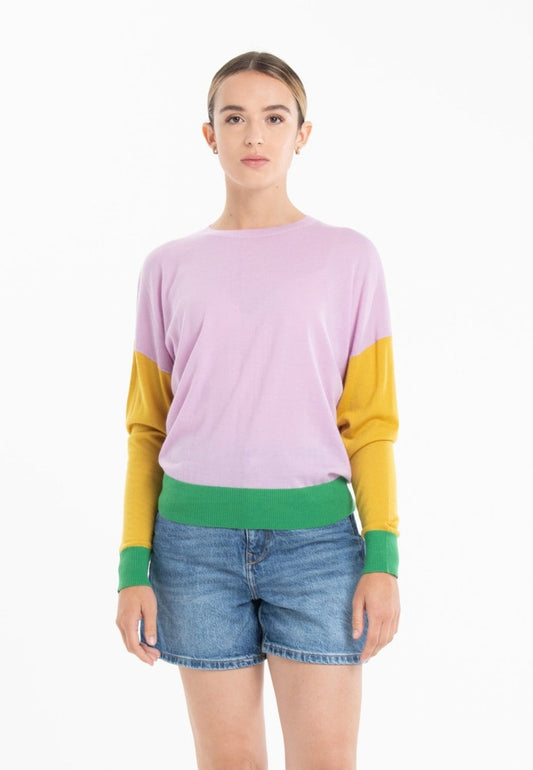 Pull col rond oversize tricolore ultrafin cachemire et laine lavande/jaune/vert femme - KELLY 9-0