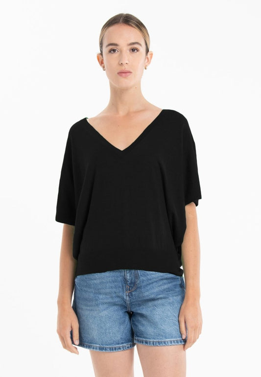 Pull col V manches chauve souris ultrafin cachemire et laine noir femme - KELLY 6-0